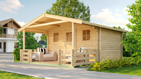 Auch mit grossem Vordach und Terrasse möglich. Blockbohlenhaus kaufen Schweiz